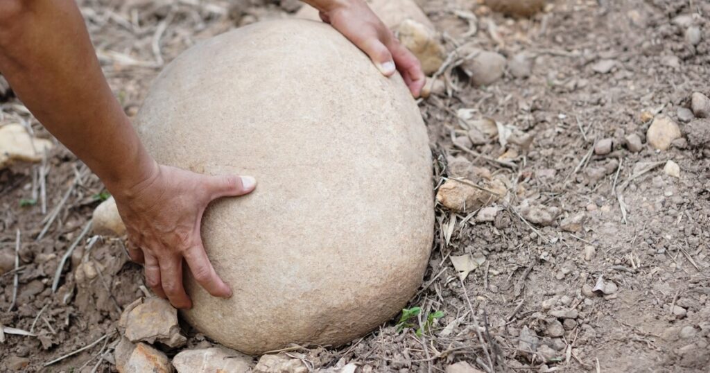 man rolling large stone out of soil