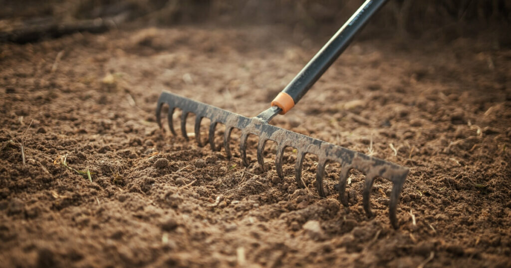 raking and leveling garden soil