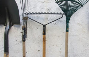 bow rake in garden shed